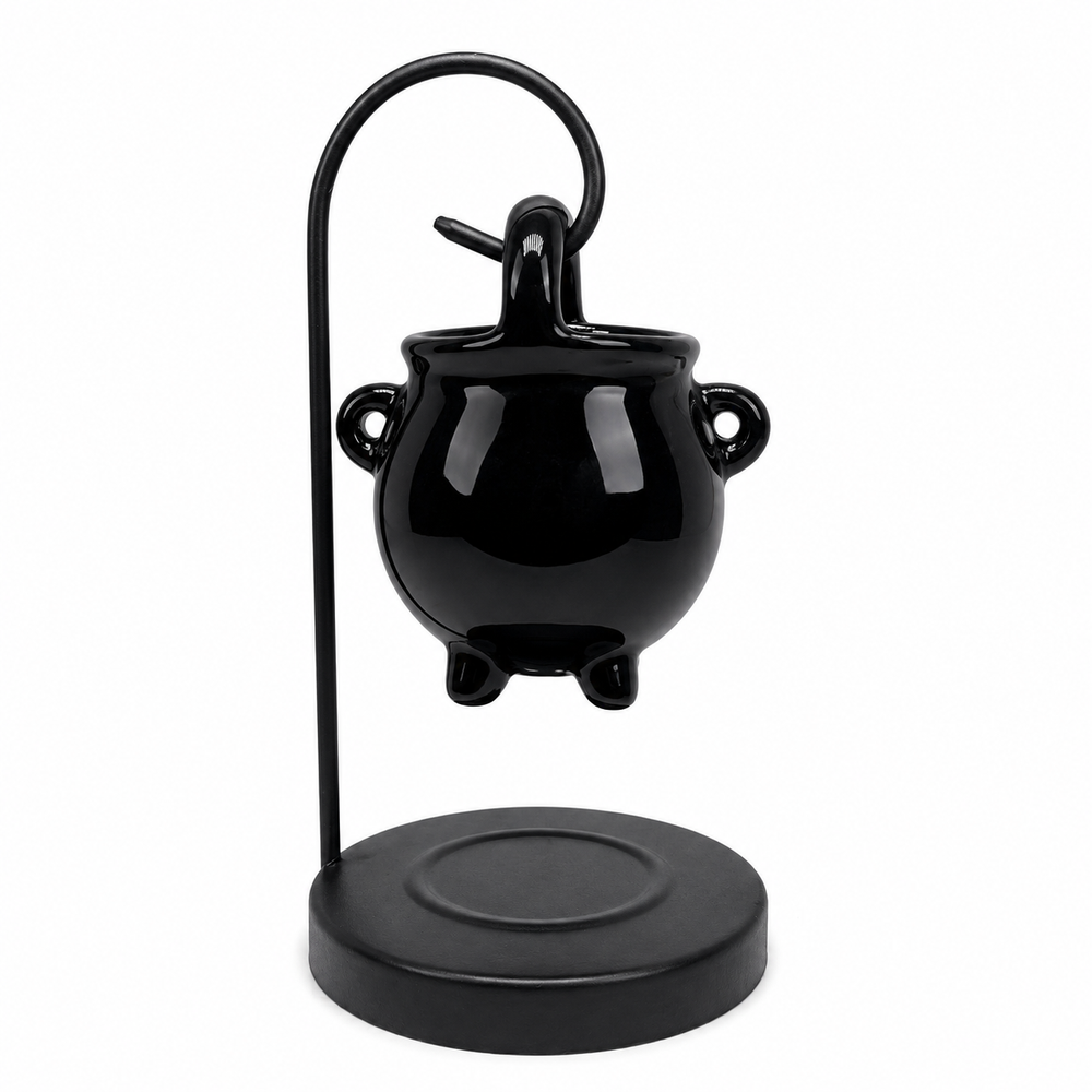 Black hanging cauldron oil burner with metal frame