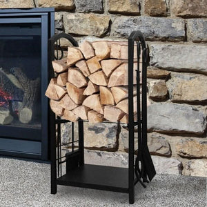 Freestanding log holder with integrated tool hooks