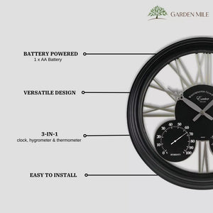 Black and copper garden clock shown outdoors