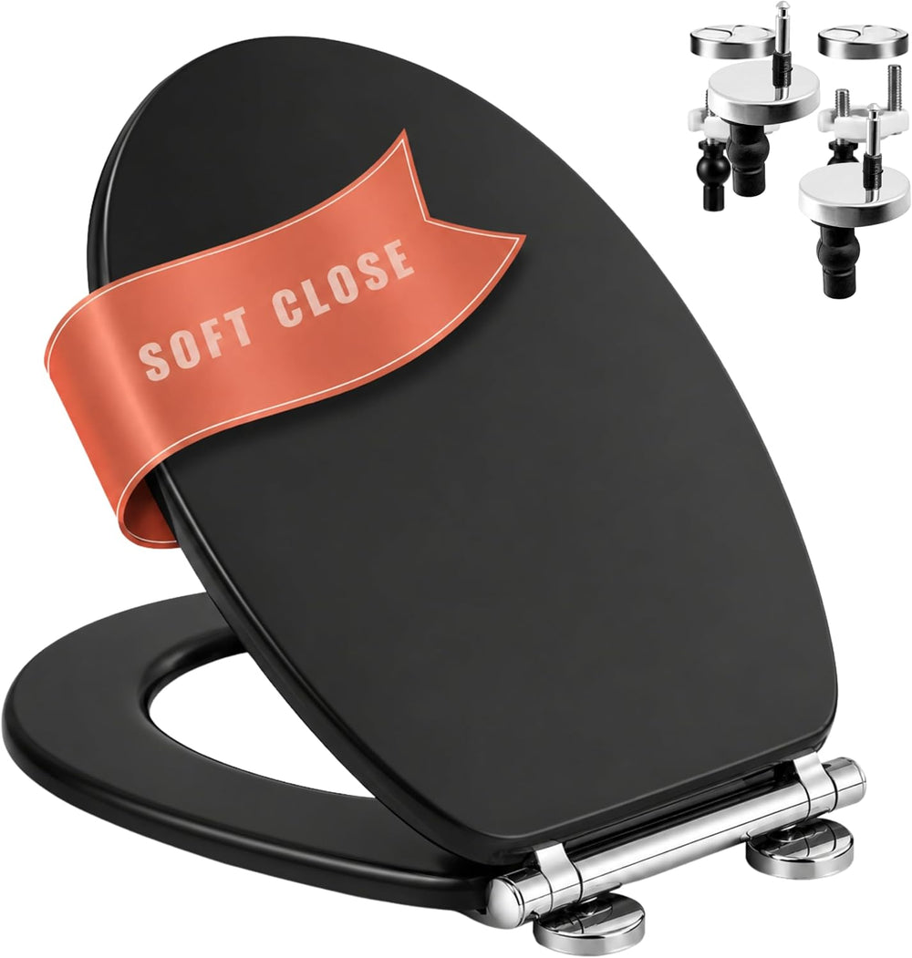 Black MDF soft close toilet seat with chrome-effect hinges