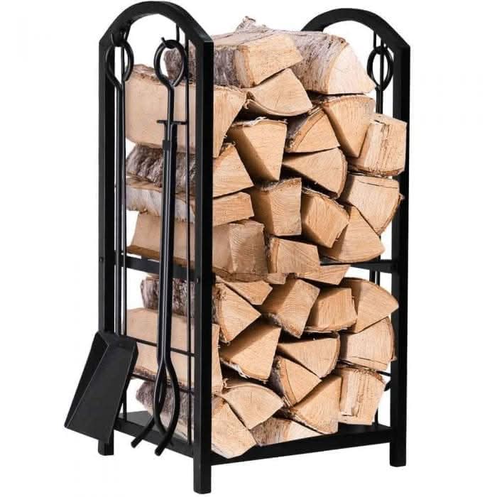 Black steel fireplace log rack and tools set