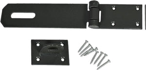 Powder-coated steel hasp for outdoor shed doors.