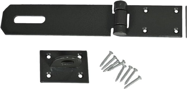 Powder-coated steel hasp for outdoor shed doors.
