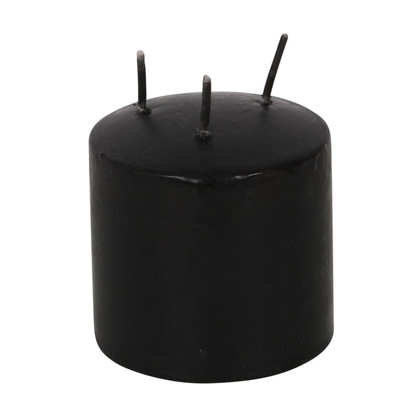 Black cylindrical candle with three wicks on a white background
