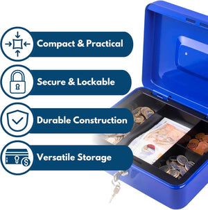 Steel money box with removable organiser tray.