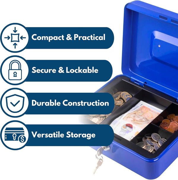 Steel money box with removable organiser tray.