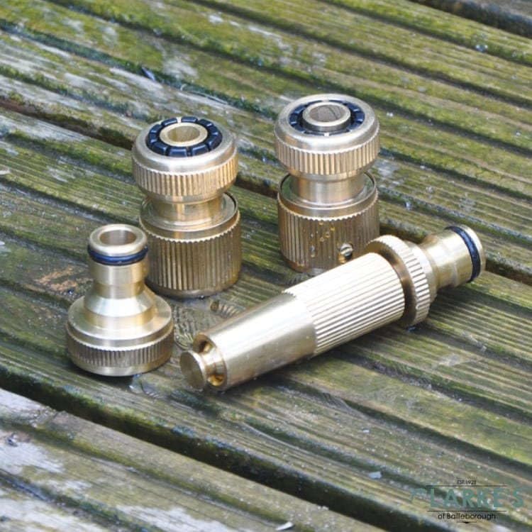 Four piece brass garden hose fitting kit