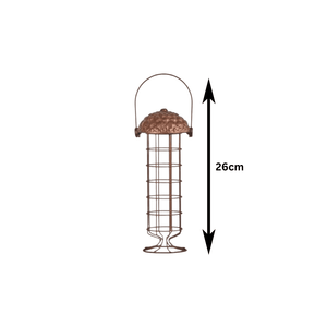 Metal bird feeding station hanging in a garden
