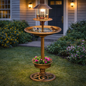 Solar bird bath with shell shaped basin