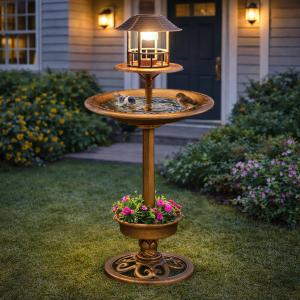 Solar bird bath with shell shaped basin