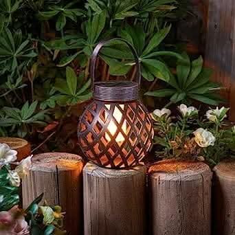 Bronze effect hanging lantern with flickering flame