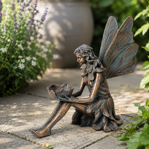 Bronze effect fairy displayed along a garden pathway