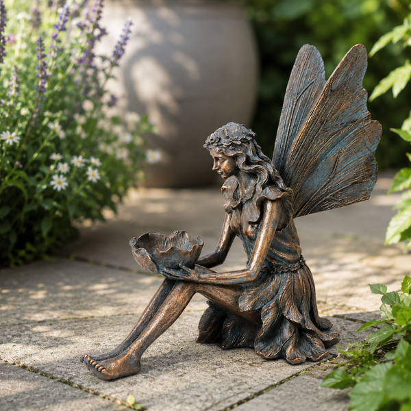 Bronze effect fairy displayed along a garden pathway