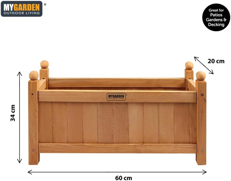 Brown wooden garden planter with flowering plants.