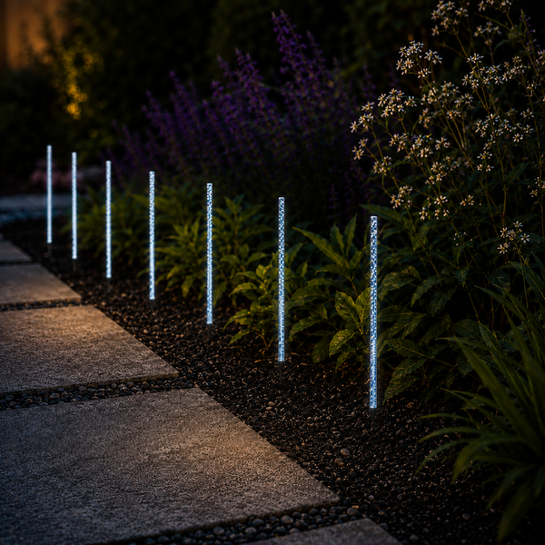 Garden path lined with multicolour LED stake lights