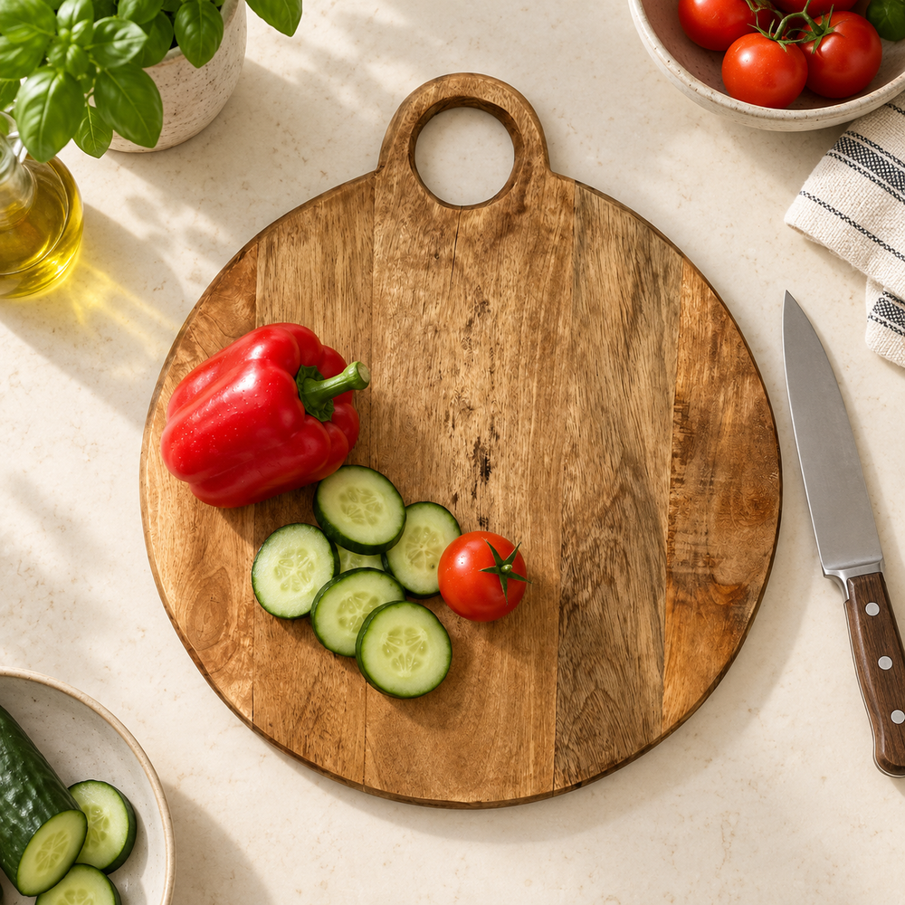Round wooden cutting board with a handle, styled on a light beige countertop with a red bell pepper, sliced cucumbers, a cherry tomato, a chef's knife, and fresh basil.