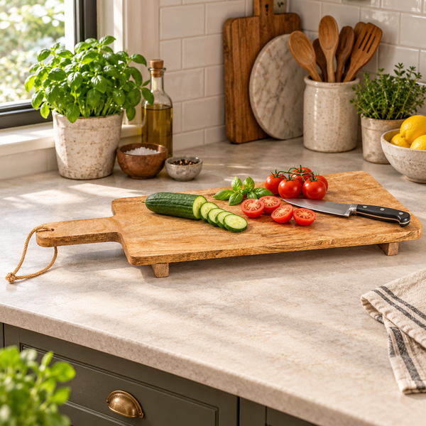 Raised mango wood chopping board with sliced tomatoes, cucumber and a kitchen knife on a stone worktop.