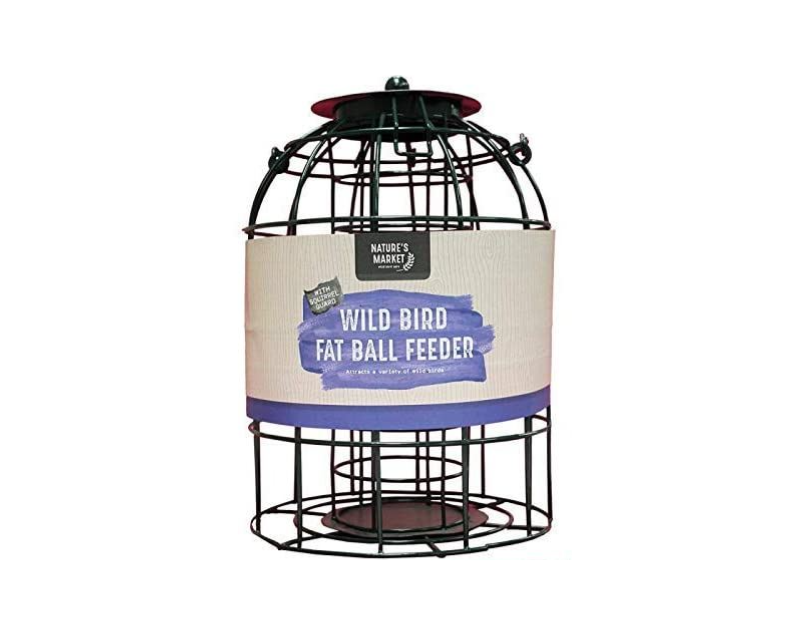 Caged fat ball bird feeder with squirrel guard