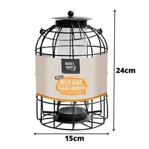 Caged bird feeder with squirrel guard