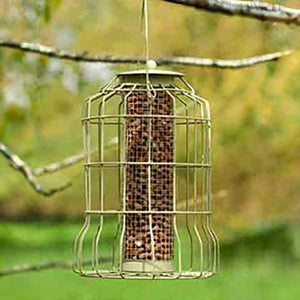 Caged wild bird feeder for seeds nuts and fat balls