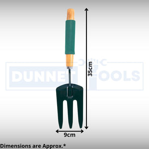 Three tooth gardening fork with wooden handle grip