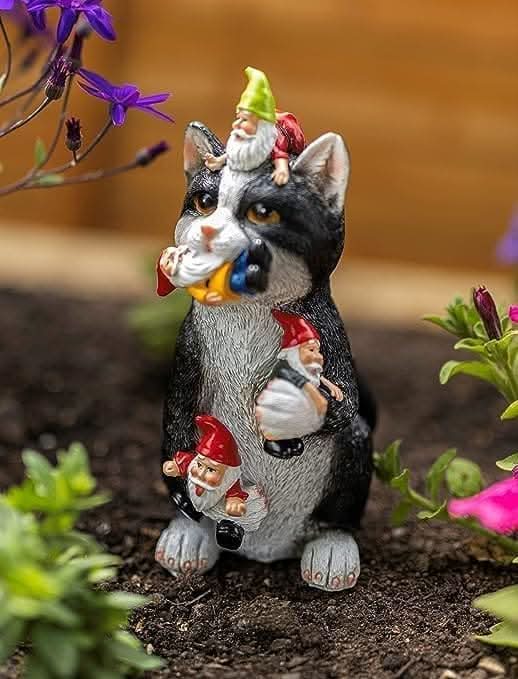 Funny cat eating gnome resin garden ornament
