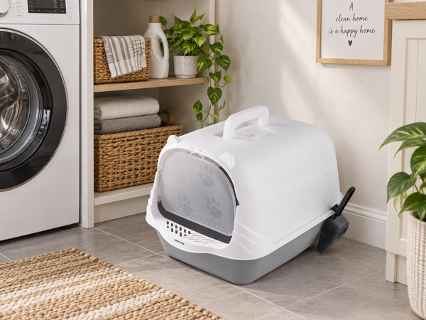 A white and gray cat litter box with a transparent front door and a black scoop, shown in a bright, modern laundry room next to a washing machine.
