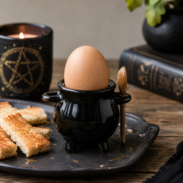 A black ceramic cauldron egg holder with a brown egg inside, styled on a dark tray with toast, a lit candle, and a book in a cozy tabletop setting.