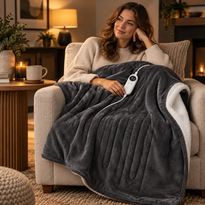 A woman reclines in a beige armchair wrapped in a dark gray electric heated blanket with a white sherpa lining and a white control cord, in a warmly lit living room.