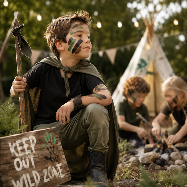 A child wearing a black t-shirt and olive green cape sits outdoors by a campfire, holding a wooden axe. The child has camouflage face paint, with a teepee and another child blurred in the background.