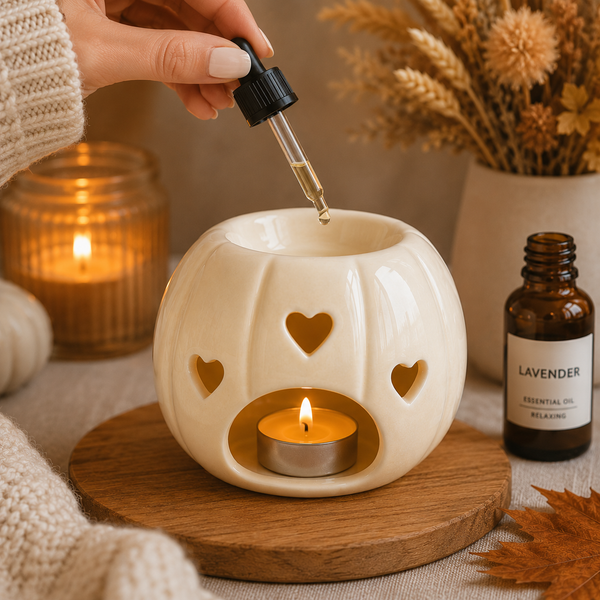 White tealight oil burner arranged on a living room shelf