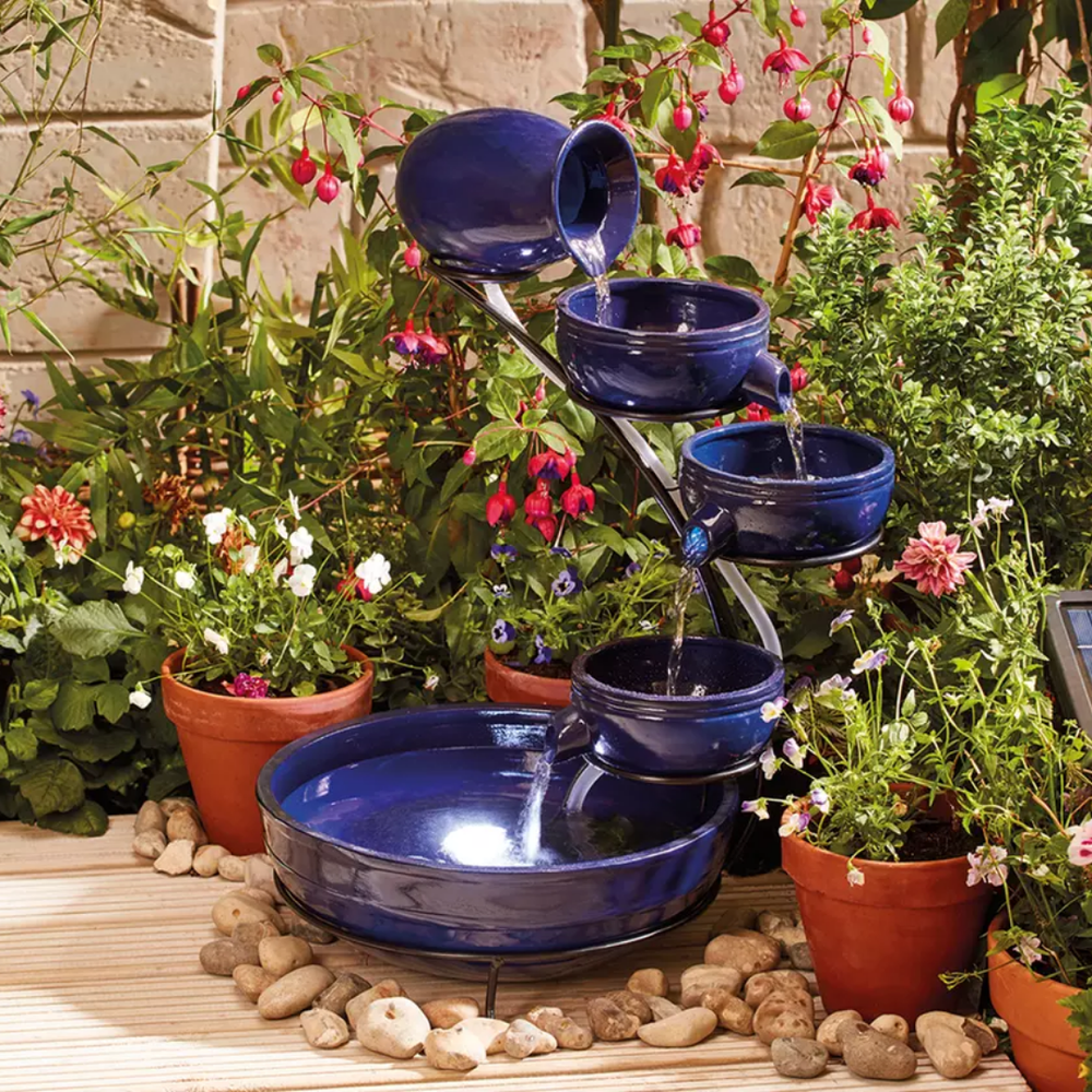 Royal blue ceramic cascade solar water feature
