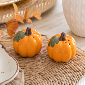 Ceramic pumpkin seasoning set displayed in a kitchen