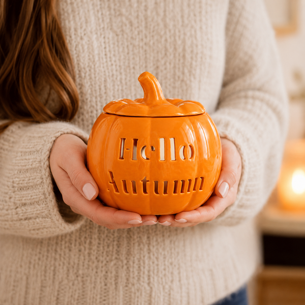 Pumpkin tealight fragrance burner displayed in a living room