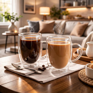 Clear glass latte mugs with handles