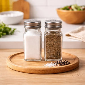 Clear glass salt and pepper shaker set on dining table