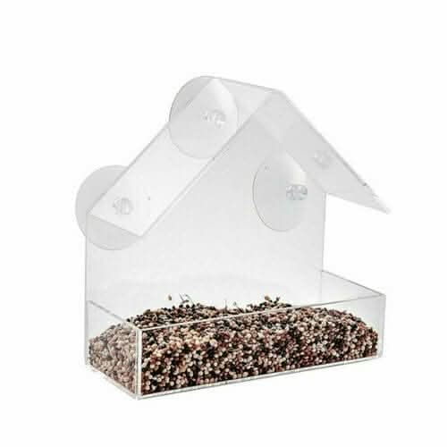 Clear window bird feeder with three suction discs