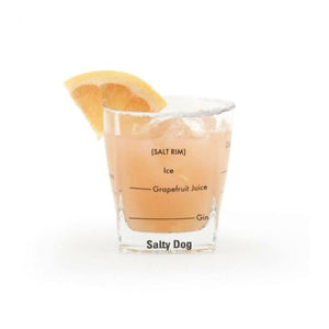 Cocktail glasses featuring printed classic drink recipes