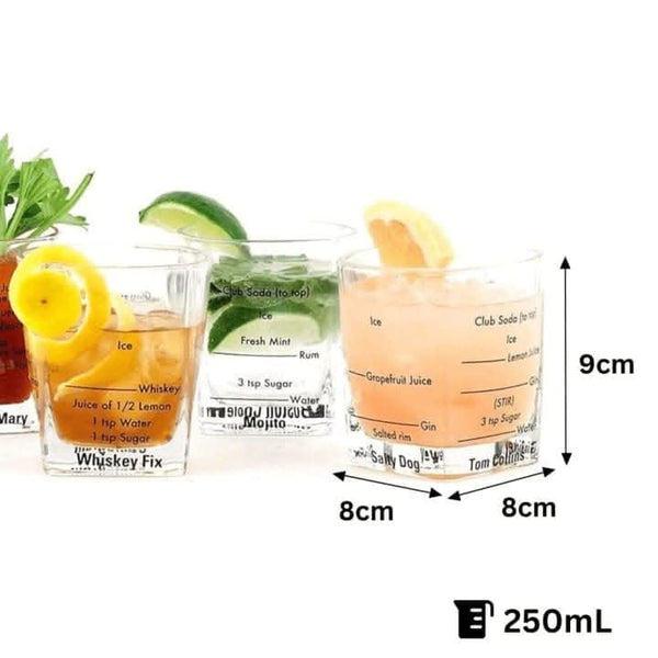 Printed cocktail recipe glasses displayed together