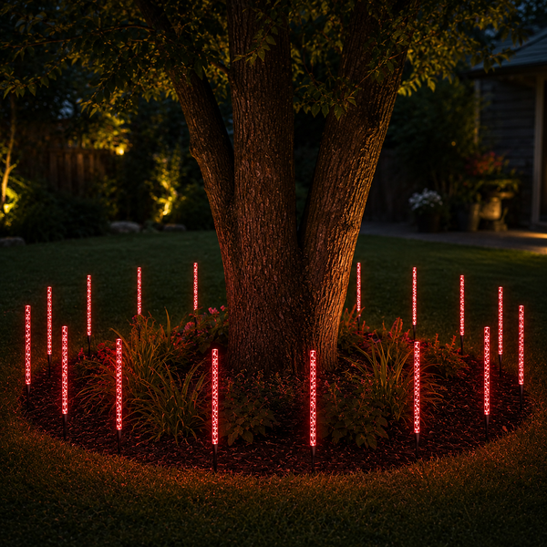 Bubble effect solar stakes displayed beside outdoor plants