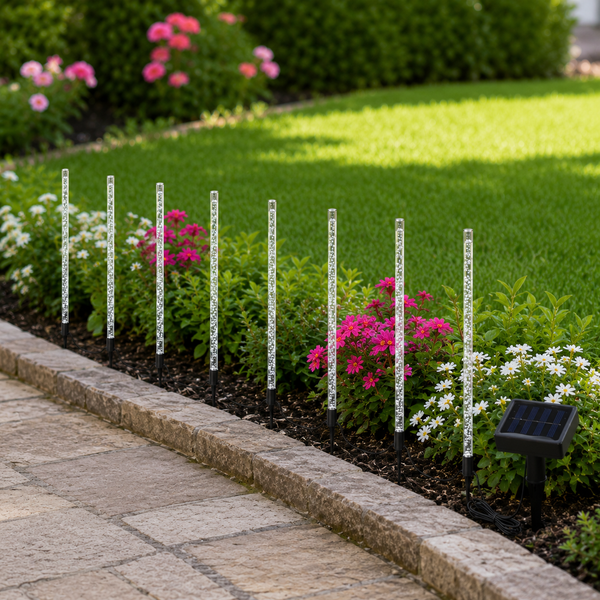 Solar LED stakes creating a colourful outdoor display