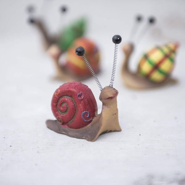 Bright novelty snail ornaments for fairy gardens and patios