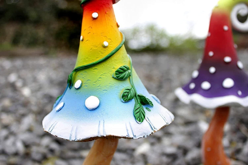 Set of two colourful resin toadstool garden ornaments