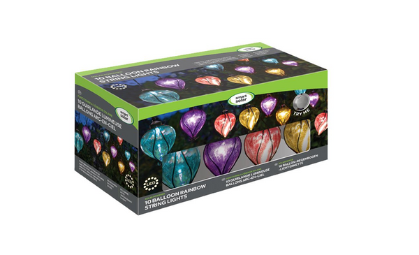 Colourful solar string lights featuring ten balloon decorations