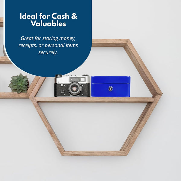 Petty cash box with folding carry handle.