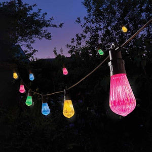 multicolour led festoon lights hanging across garden patio