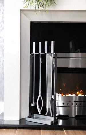 Modern fireside tool set beside hearth