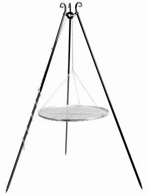 Black metal tripod with a round grill platform on a white background