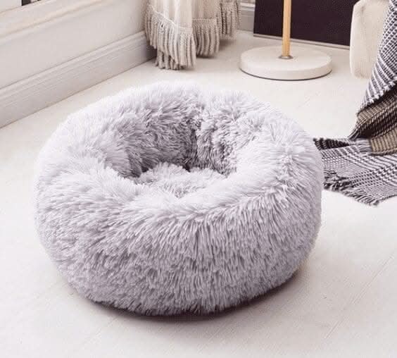 Soft round grey pet bed shown from front