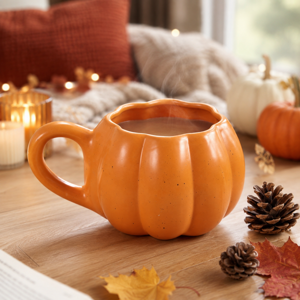 Cosy socks paired with seasonal pumpkin shaped mug